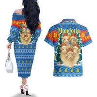 Mongolia Christmas Couples Matching Off The Shoulder Long Sleeve Dress and Hawaiian Shirt with Santa Sheep Christmas Trees and Snowflake - Wonder Print Shop