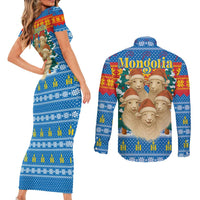 Mongolia Christmas Couples Matching Short Sleeve Bodycon Dress and Long Sleeve Button Shirt with Santa Sheep Christmas Trees and Snowflake - Wonder Print Shop