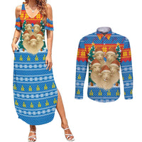 Mongolia Christmas Couples Matching Summer Maxi Dress and Long Sleeve Button Shirt with Santa Sheep Christmas Trees and Snowflake - Wonder Print Shop