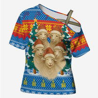 Mongolia Christmas Cross Shoulder Shirt with Santa Sheep Christmas Trees and Snowflake - Wonder Print Shop