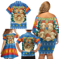 Mongolia Christmas Family Matching Off Shoulder Short Dress and Hawaiian Shirt with Santa Sheep Christmas Trees and Snowflake - Wonder Print Shop