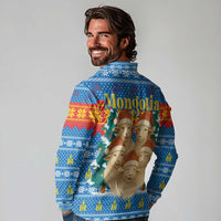 Mongolia Christmas Long Sleeve Polo Shirt with Santa Sheep Christmas Trees and Snowflake - Wonder Print Shop