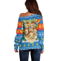 Mongolia Christmas Off Shoulder Sweater with Santa Sheep Christmas Trees and Snowflake - Wonder Print Shop