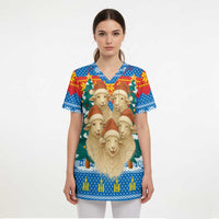 Mongolia Christmas Scrub Top with Santa Sheep Christmas Trees and Snowflake - Wonder Print Shop