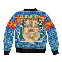 Mongolia Christmas Sleeve Zip Bomber Jacket with Santa Sheep Christmas Trees and Snowflake - Wonder Print Shop