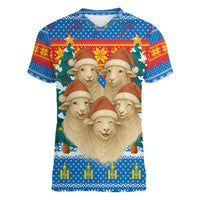 Mongolia Christmas Women V-Neck T-Shirt with Santa Sheep Christmas Trees and Snowflake - Wonder Print Shop