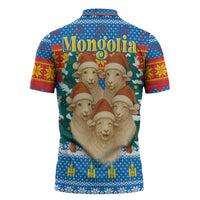 Mongolia Christmas Zipper Polo Shirt with Santa Sheep Christmas Trees and Snowflake - Wonder Print Shop