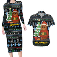 Micronesia Christmas Couples Matching Long Sleeve Bodycon Dress and Hawaiian Shirt with Santa Owl Christmas Tree Gifts and Snowflake - Wonder Print Shop