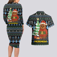 Micronesia Christmas Couples Matching Long Sleeve Bodycon Dress and Hawaiian Shirt with Santa Owl Christmas Tree Gifts and Snowflake - Wonder Print Shop