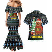 Micronesia Christmas Couples Matching Mermaid Dress and Hawaiian Shirt with Santa Owl Christmas Tree Gifts and Snowflake - Wonder Print Shop