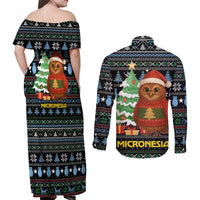 Micronesia Christmas Couples Matching Off Shoulder Maxi Dress and Long Sleeve Button Shirt with Santa Owl Christmas Tree Gifts and Snowflake - Wonder Print Shop