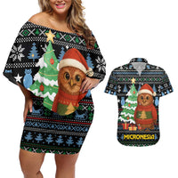 Micronesia Christmas Couples Matching Off Shoulder Short Dress and Hawaiian Shirt with Santa Owl Christmas Tree Gifts and Snowflake - Wonder Print Shop