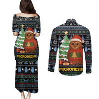 Micronesia Christmas Couples Matching Puletasi and Long Sleeve Button Shirt with Santa Owl Christmas Tree Gifts and Snowflake - Wonder Print Shop