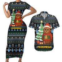 Micronesia Christmas Couples Matching Short Sleeve Bodycon Dress and Hawaiian Shirt with Santa Owl Christmas Tree Gifts and Snowflake - Wonder Print Shop