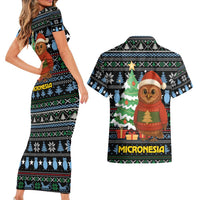 Micronesia Christmas Couples Matching Short Sleeve Bodycon Dress and Hawaiian Shirt with Santa Owl Christmas Tree Gifts and Snowflake - Wonder Print Shop