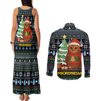 Micronesia Christmas Couples Matching Tank Maxi Dress and Long Sleeve Button Shirt with Santa Owl Christmas Tree Gifts and Snowflake - Wonder Print Shop