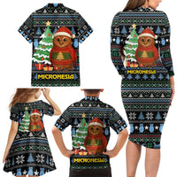 Micronesia Christmas Family Matching Long Sleeve Bodycon Dress and Hawaiian Shirt with Santa Owl Christmas Tree Gifts and Snowflake - Wonder Print Shop