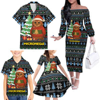 Micronesia Christmas Family Matching Off The Shoulder Long Sleeve Dress and Hawaiian Shirt with Santa Owl Christmas Tree Gifts and Snowflake - Wonder Print Shop