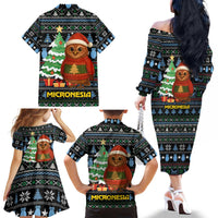 Micronesia Christmas Family Matching Off The Shoulder Long Sleeve Dress and Hawaiian Shirt with Santa Owl Christmas Tree Gifts and Snowflake - Wonder Print Shop