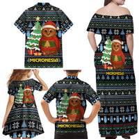 Micronesia Christmas Family Matching Off Shoulder Maxi Dress and Hawaiian Shirt with Santa Owl Christmas Tree Gifts and Snowflake - Wonder Print Shop