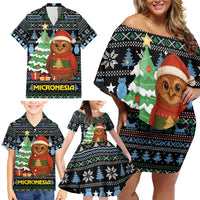 Micronesia Christmas Family Matching Off Shoulder Short Dress and Hawaiian Shirt with Santa Owl Christmas Tree Gifts and Snowflake - Wonder Print Shop