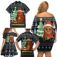 Micronesia Christmas Family Matching Off Shoulder Short Dress and Hawaiian Shirt with Santa Owl Christmas Tree Gifts and Snowflake - Wonder Print Shop