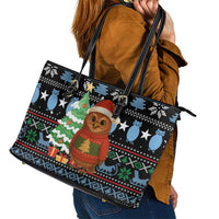 Micronesia Christmas Leather Tote Bag with Santa Owl Christmas Tree Gifts and Snowflake - Wonder Print Shop