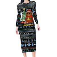 Micronesia Christmas Long Sleeve Bodycon Dress with Santa Owl Christmas Tree Gifts and Snowflake - Wonder Print Shop