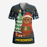 Micronesia Christmas Scrub Top with Santa Owl Christmas Tree Gifts and Snowflake - Wonder Print Shop