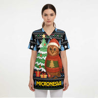Micronesia Christmas Scrub Top with Santa Owl Christmas Tree Gifts and Snowflake - Wonder Print Shop
