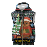 Micronesia Christmas Sleeveless Zip Hoodie with Santa Owl Christmas Tree Gifts and Snowflake - Wonder Print Shop