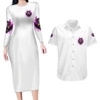 Walk Away Fire Eyes Skull Couples Matching Long Sleeve Bodycon Dress and Hawaiian Shirt - Wonder Print Shop