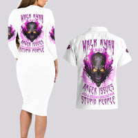Walk Away Fire Eyes Skull Couples Matching Long Sleeve Bodycon Dress and Hawaiian Shirt - Wonder Print Shop