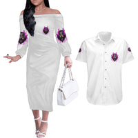 Walk Away Fire Eyes Skull Couples Matching Off The Shoulder Long Sleeve Dress and Hawaiian Shirt - Wonder Print Shop