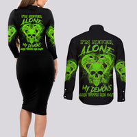 I'm Never Alone Skull Demon Couples Matching Long Sleeve Bodycon Dress and Long Sleeve Button Shirt - Wonder Print Shop