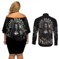 Hello Darkness My Old Friend Halloween Witch Couples Matching Off Shoulder Short Dress and Long Sleeve Button Shirt - Wonder Print Shop