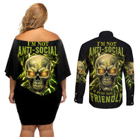 I'm Not Anti-social Mad Skull Couples Matching Off Shoulder Short Dress and Long Sleeve Button Shirt - Wonder Print Shop