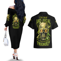 I'm Not Anti-social Mad Skull Couples Matching Off The Shoulder Long Sleeve Dress and Hawaiian Shirt - Wonder Print Shop