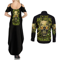 I'm Not Anti-social Mad Skull Couples Matching Summer Maxi Dress and Long Sleeve Button Shirt - Wonder Print Shop