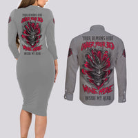 Your Demons Hide Under Your Bed Couples Matching Long Sleeve Bodycon Dress and Long Sleeve Button Shirt - Wonder Print Shop