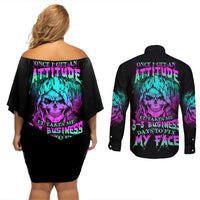 Once I Get An Attitude Reaper Couples Matching Off Shoulder Short Dress and Long Sleeve Button Shirt - Wonder Print Shop