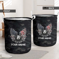 Custom American Flag Billiards Laundry Basket with 8-Ball Wings and Camo Background - Wonder Print Shop