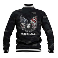 Custom American Flag Billiards Baseball Jacket with 8-Ball Wings and Camo Background - Wonder Print Shop