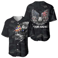 Custom American Flag Billiards Baseball Jersey with 8-Ball Wings and Camo Background - Wonder Print Shop