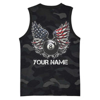 Custom American Flag Billiards Basketball Jersey with 8-Ball Wings and Camo Background - Wonder Print Shop
