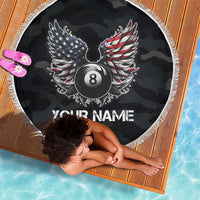 Custom American Flag Billiards Beach Blanket with 8-Ball Wings and Camo Background - Wonder Print Shop