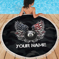 Custom American Flag Billiards Beach Blanket with 8-Ball Wings and Camo Background - Wonder Print Shop