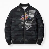 Custom American Flag Billiards Bomber Puffer Jacket with 8-Ball Wings and Camo Background - Wonder Print Shop