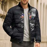 Custom American Flag Billiards Bomber Puffer Jacket with 8-Ball Wings and Camo Background - Wonder Print Shop