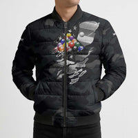 Custom American Flag Billiards Bomber Puffer Jacket with 8-Ball Wings and Camo Background - Wonder Print Shop